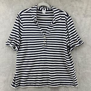 Chicos Top Womens 3 (XL) Blue Striped Linen Popover V-Neck Button Nautical